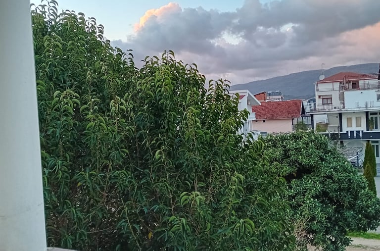 a view of a house with a clock tower in the background