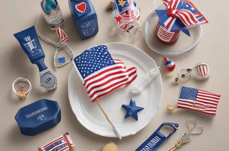 A display of decorative gnome figurines wearing patriotic attire, each featuring a long white beard and oversized hats in red, white, and blue adorned with stars. They hold various signs, such as 'I Love USA', 'Welcome', and other American-themed imagery. The collection appears to be for sale, as indicated by a price tag visible below.