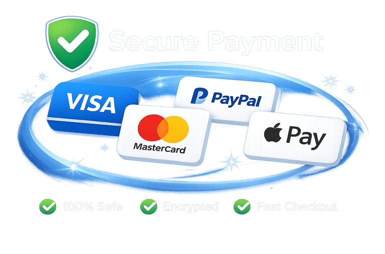 Secure payment options including Visa, Mastercard, PayPal, and Apple Pay for safe encrypted checkout.