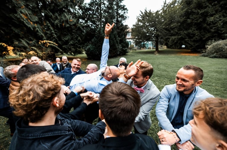 Un homme soulevé par un groupe de personnes