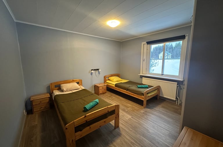 a bedroom with two beds and a window