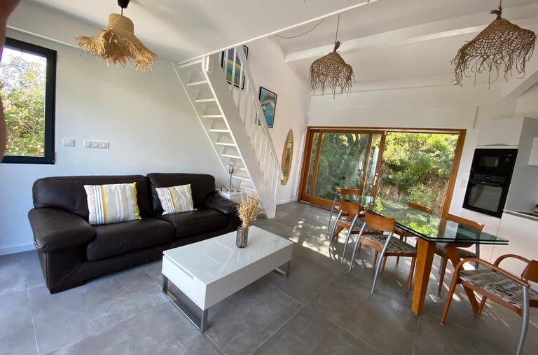 Salon avec canapé lit et salle à manger