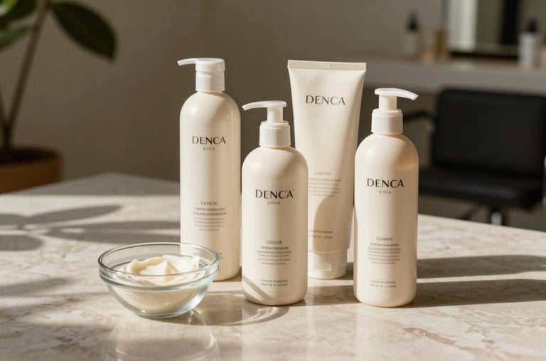 Still life photography of high-end hair color products and a glass bowl on a light beige marble surface. Soft sunlight filtering through, shadows from a plant, professional North American / International salon setting, elegant and refined style with off-white accents.
