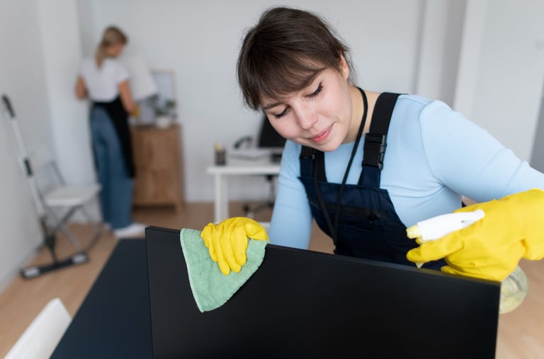 a woman cleaning a laptop computer