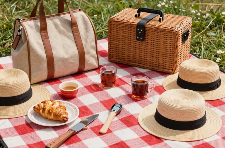 A colorful picnic setup with a blanket, basket, and outdoor dishes under a sunny sky.