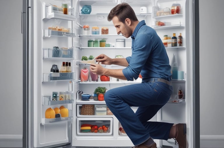 A technician inspecting a refrigerator's cooling system inside a modern kitchen.