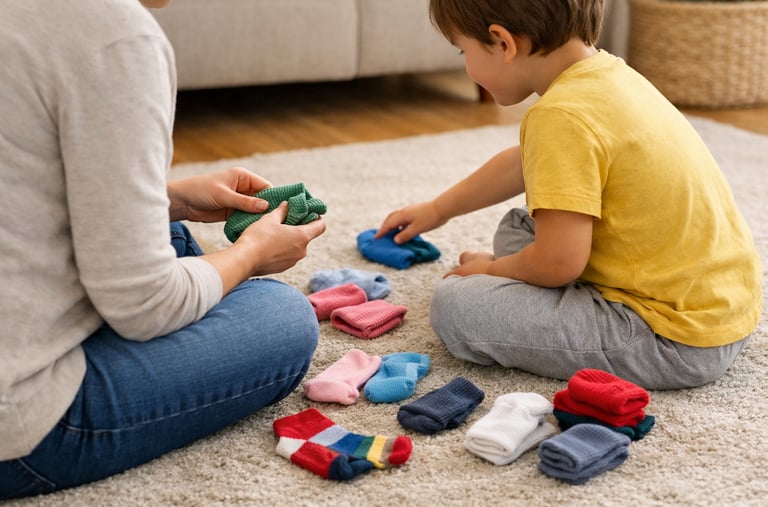 Child and parent matching pairs of socks together at home