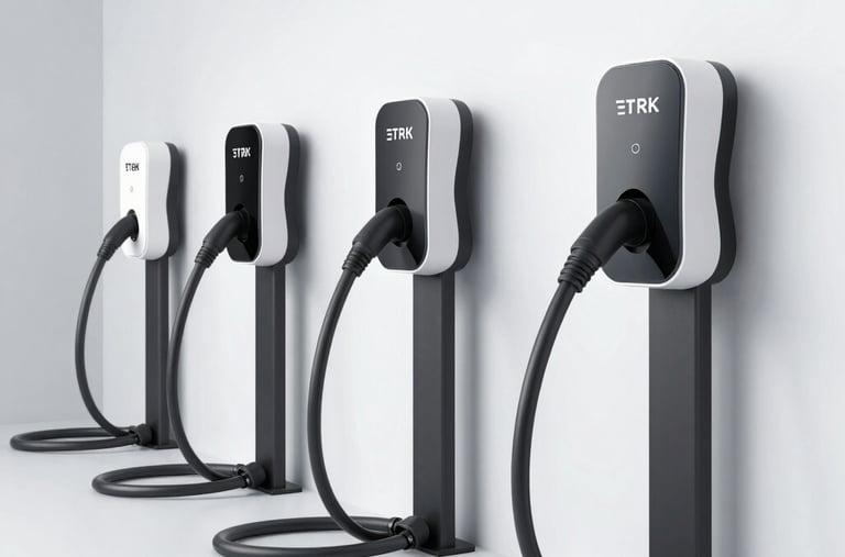 A row of four sleek wall-mounted electric vehicle charging stations with cables on black pedestals.