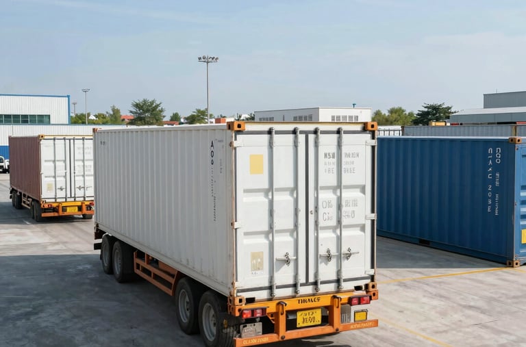 A variety of shipping containers including standard, modified cabins, and refrigerated units stacked neatly in a sunny yard.