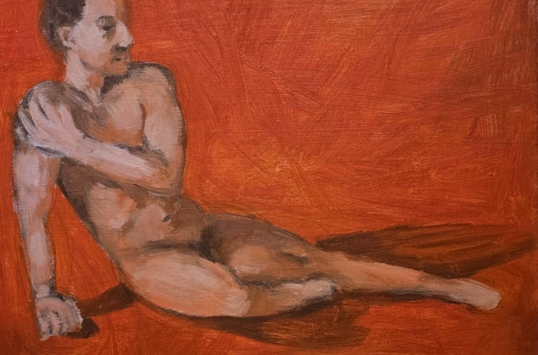 an oil painting study of a nude figure sitting on the ground, wounded, orange background.