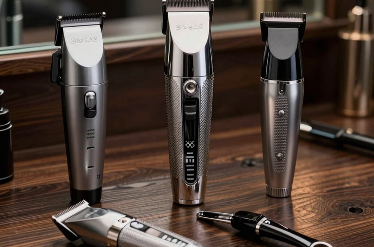 Professional barber tools including clippers and scissors laid out neatly on a wooden table.