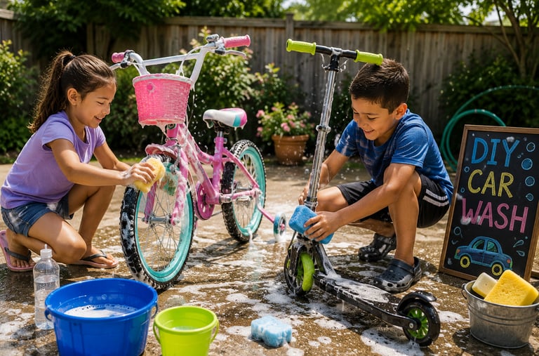 A DIY bike and scooter wash in the backyard.