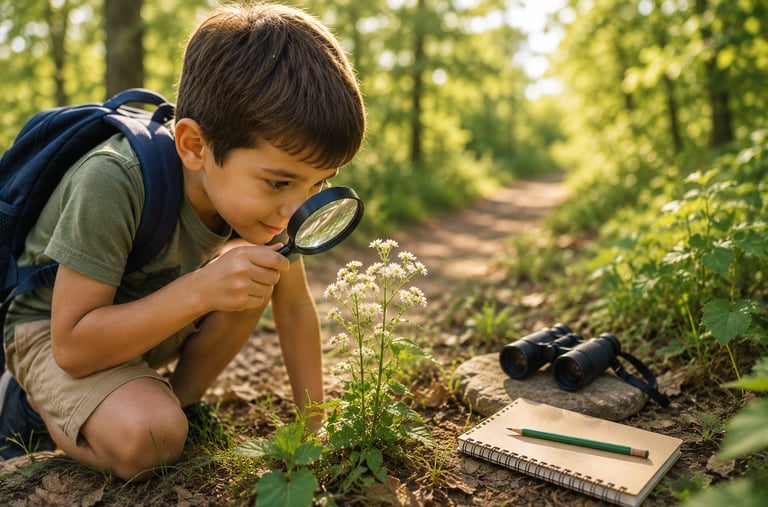 A boy look at a flower through a magnify glass.