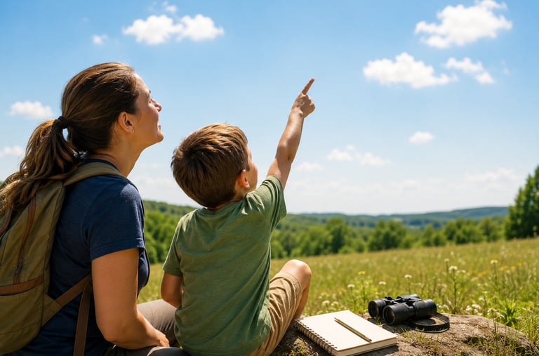 A mother and child studying the sky.