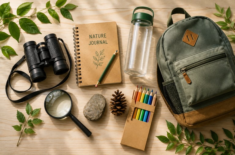 Supplies for exploring nature include binoculars, backpack, journal,, and a magnify glass.