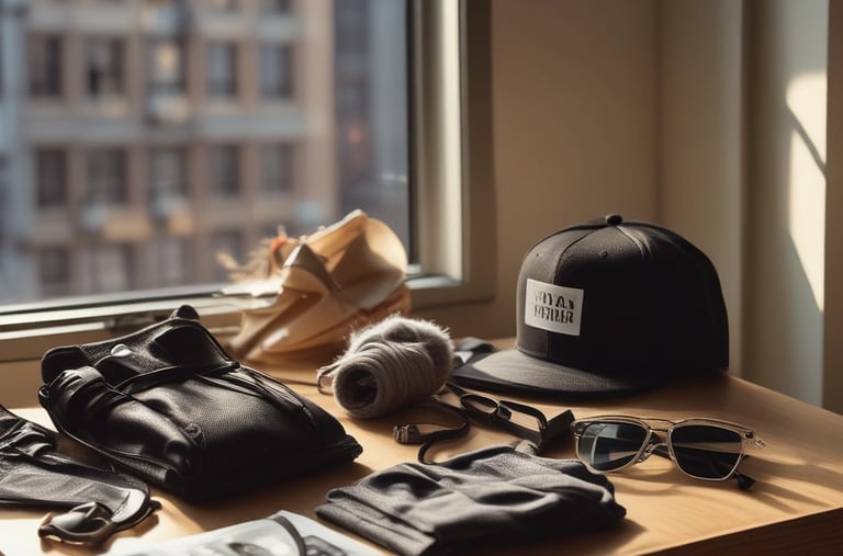 A flat lay of accessories including scarves, hats, and minimalist jewelry on a wooden table