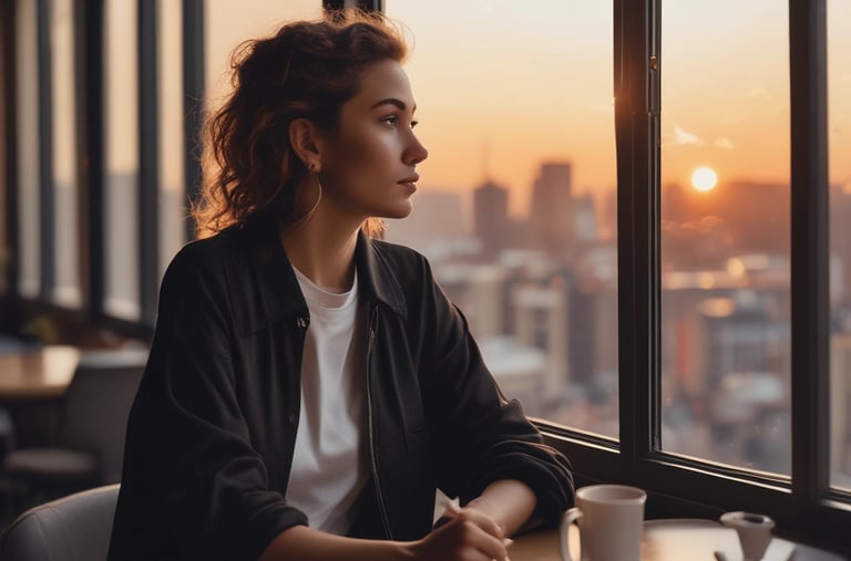 A stylish woman wearing a relaxed-fit blouse, standing by a sunlit window