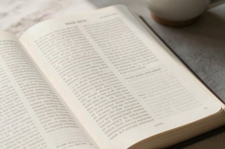 An open Bible on a clean linen surface next to a simple ceramic cup, soft morning light casting gentle shadows across the pages.