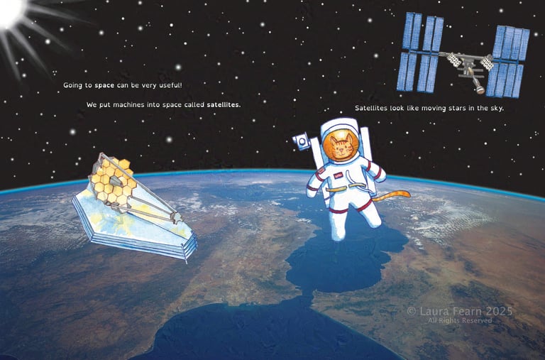 A cat astronaut and satellites in space above Earth.