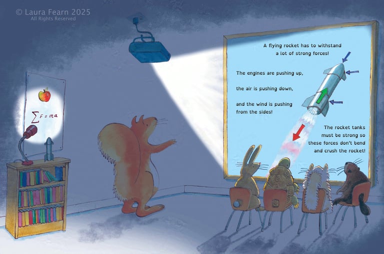 A classroom of animal engineers watching a projection of a rocket by Laura Fearn.