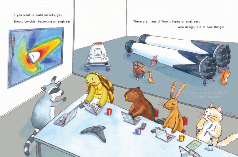 An engineering meeting in a rocket factory with animal engineers.