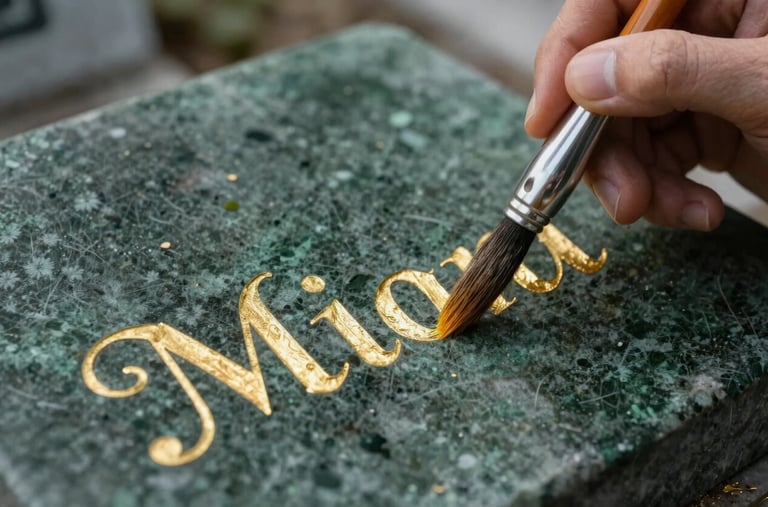 Macro photography of an artisan carefully painting gold leaf lettering onto a dark green stone surface in an Istanbul cemetery setting. The focus is on the precision of the brushwork and the elegant typography, conveying trust and craftsmanship.
