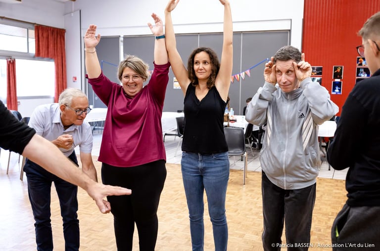 a group of people standing around a group of people