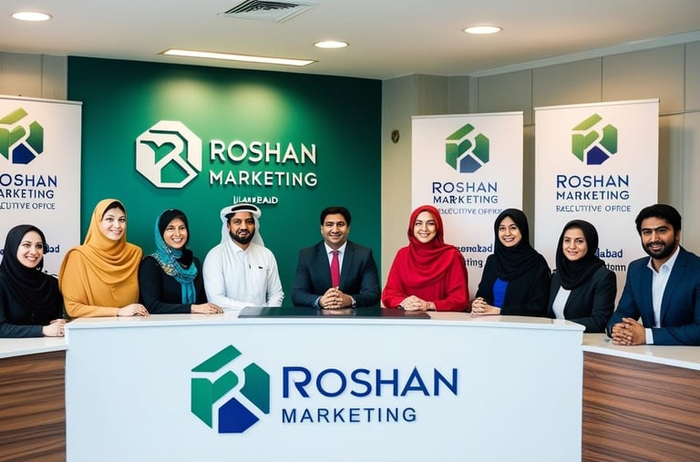 a group of people standing around a table with a roshan marketing sign