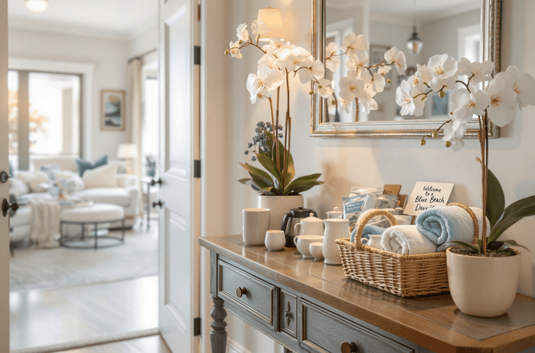 Calm, coastal‑style living area with plush seating, soft lighting, and thoughtful touches.