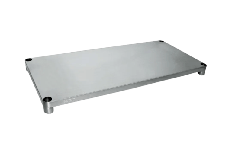 Solid stainless steel under shelves for extra bench storage.