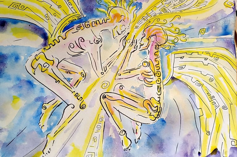 work in progress d'une Illustration à l'aquarelle de la rencontre deux âmes ailées dans un décor galactique