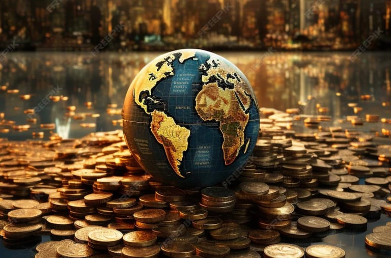 Imagem mostra um globo do mundo em cima de um monte de moedas representando a economia mundial.