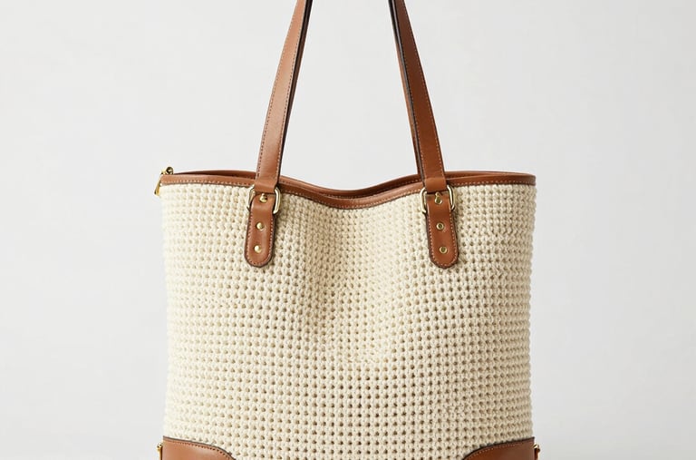 Close-up of a delicate crochet clutch in soft khaki tones with intricate patterns