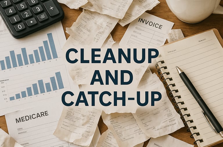 desk covered with receipts and paperwork showing bookkeeping cleanup and catch-up process