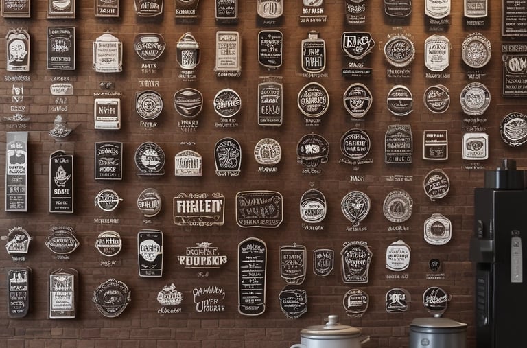 A stylish display wall featuring a wide array of colorful coffee pods arranged in a grid pattern. The pods are of various colors such as red, orange, gold, and navy blue, set against a light wooden backdrop. The upper part showcases artificial trees and a modern, circular light fixture overhead. In the foreground, a sleek checkout counter and stands with products add to the modern retail atmosphere.