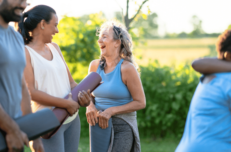 Friends laughing after yoga practice
