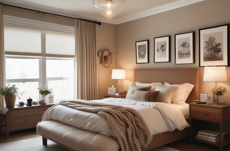 A cozy bedroom featuring modern furnishings and calming colors designed for restful stays.