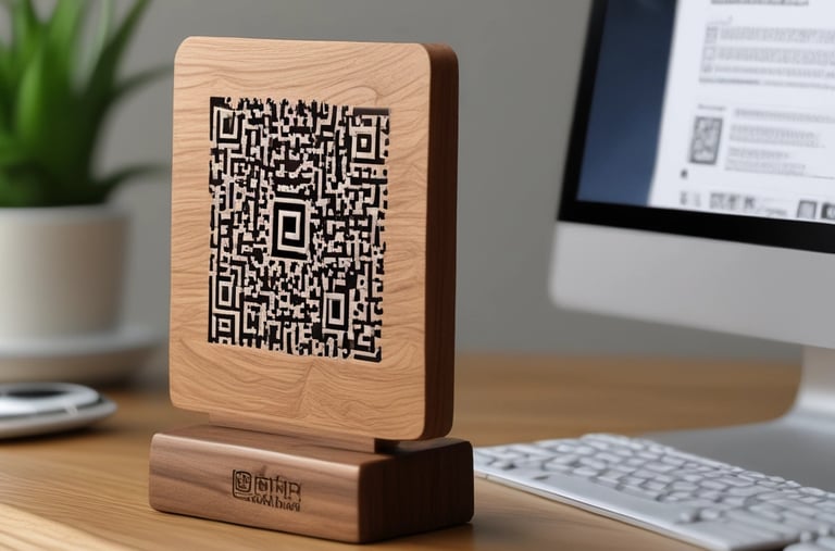 A stylish desktop stand with a QR code.