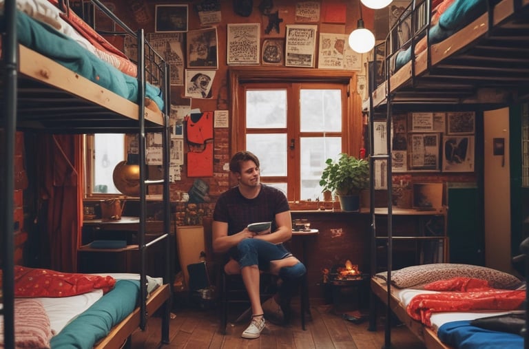 A modern building with multiple large glass windows arranged in a grid pattern. A vertical sign with the word 'HOTEL' is attached to the facade. The architecture is clean and minimalistic, with a focus on straight lines and uniformity.