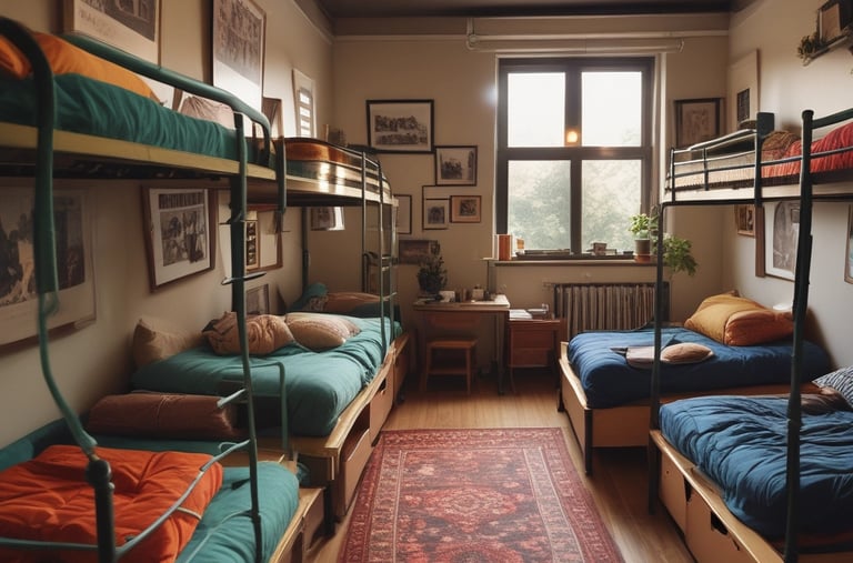 A modern hotel room with a sleek, minimalist design featuring a large bed with white linens and a navy bolster pillow. The room has a patterned blue carpet and a navy blue ceiling that contrasts with the white walls. There is a large mirror above the bed and two bedside tables with lamps. Large windows with cityscape views provide natural light. Additional furnishings include a white chair with navy accents and a work desk with a television and a coffee machine nearby. Exposed brick walls add a touch of industrial style.