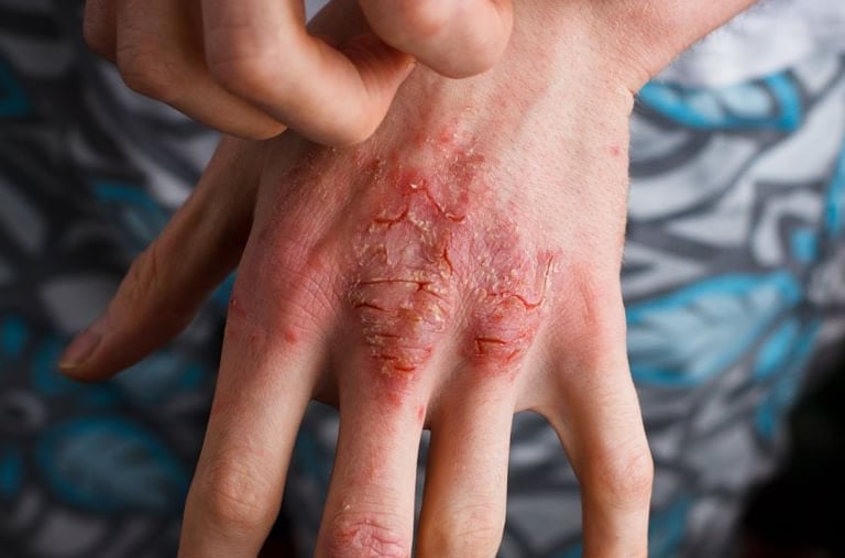 A person's hands with a rash, seeking eczema treatment in Vadodara. Find the best dermatologist near you