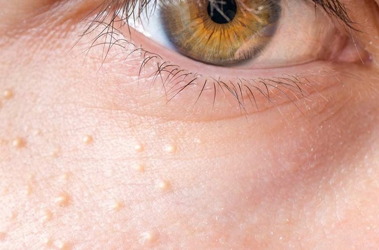 Close-up of eye with white spots. Seek millia treatment from the best skin specialist and dermatologist in Vadodara