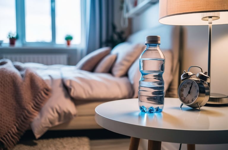water bottle on nightstand next to bed for morning hydration
