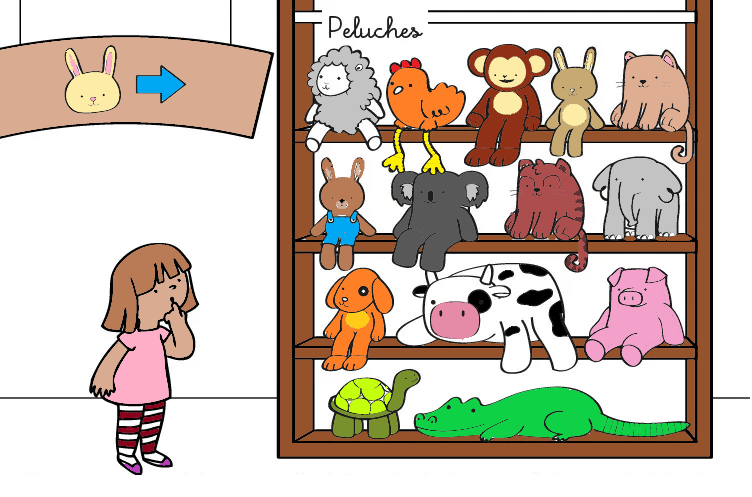 dessin petite fille qui regarde une armoire rempli de peluches et doudous