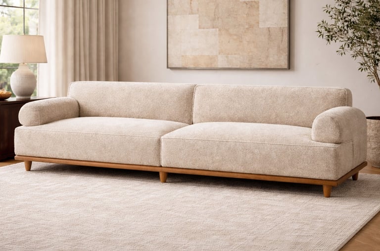 Contemporary living room featuring a large cream upholstered sofa with a wood base, neutral rug, and abstract wall art.