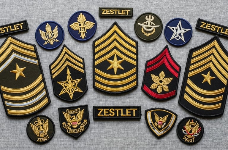 ssorted military rank insignia and embroidered patches Various ZESTLET embroidered military rank insignia and patches display
