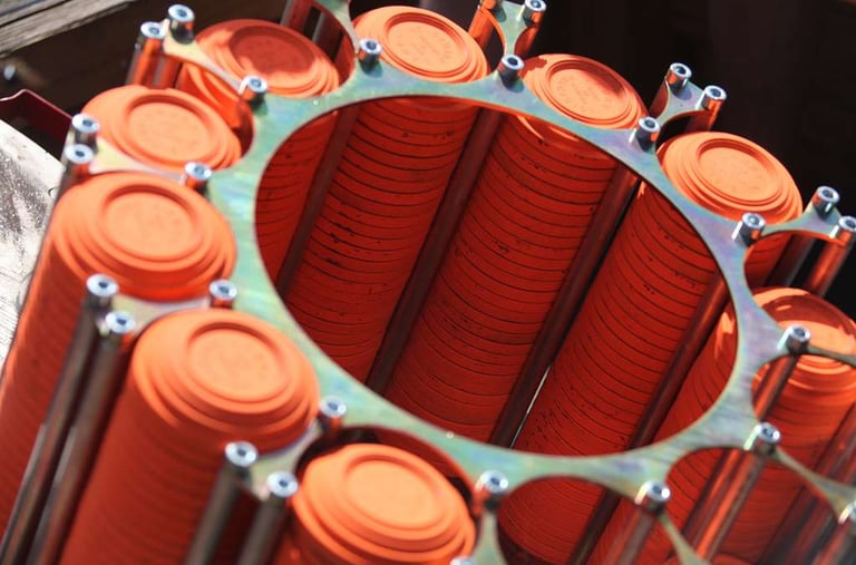 a rack full of clay pigeon targets