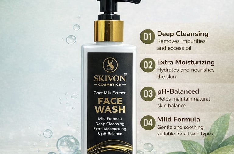 Skivon Goat Milk Face Wash bottle for deep cleansing and moisturizing all skin types.