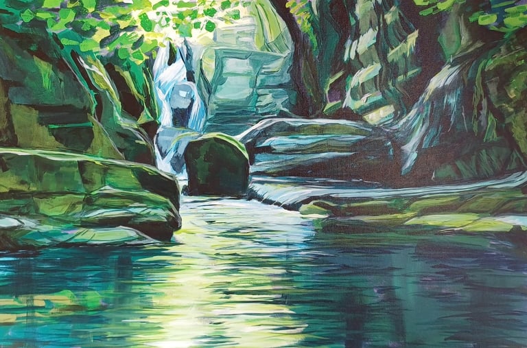 a painting of a deep pool in a woodland.