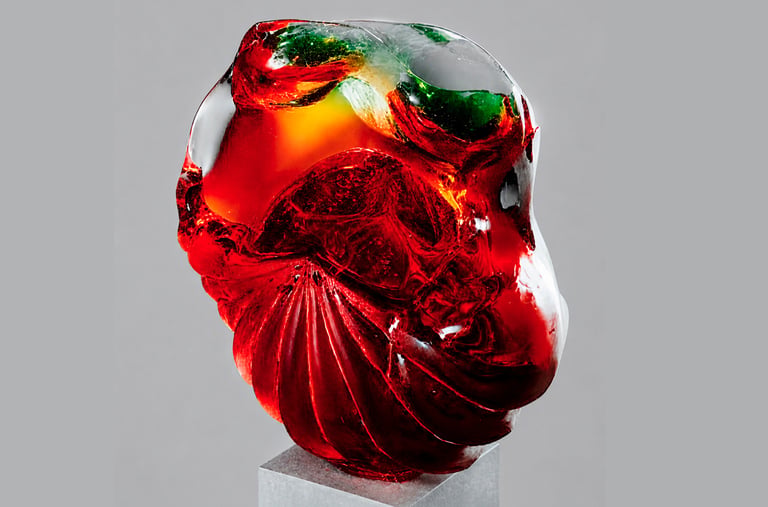 A contemporary hand-blown glass sculpture featuring vibrant red, orange, and green swirls on a stone pedestal.